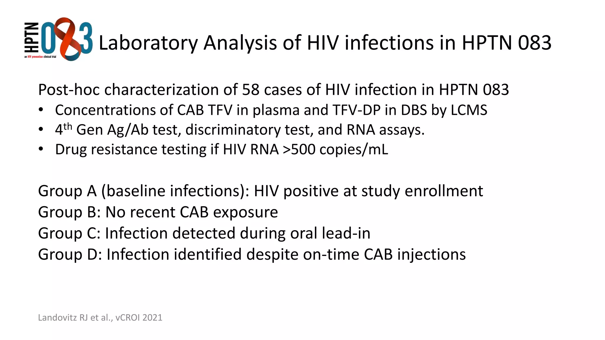 Laboratory Analysis of HIV infections in HPTN 083
Landovitz RJ et al., vCROI 2021
Post-hoc characterization of 58 cases of HIV infection in HPTN 083
• Concentrations of CAB TFV in plasma and TFV-DP in DBS by LCMS
• 4th Gen Ag/Ab test, discriminatory test, and RNA assays.
• Drug resistance testing if HIV RNA >500 copies/mL
Group A (baseline infections): HIV positive at study enrollment
Group B: No recent CAB exposure
Group C: Infection detected during oral lead-in
Group D: Infection identified despite on-time CAB injections
 