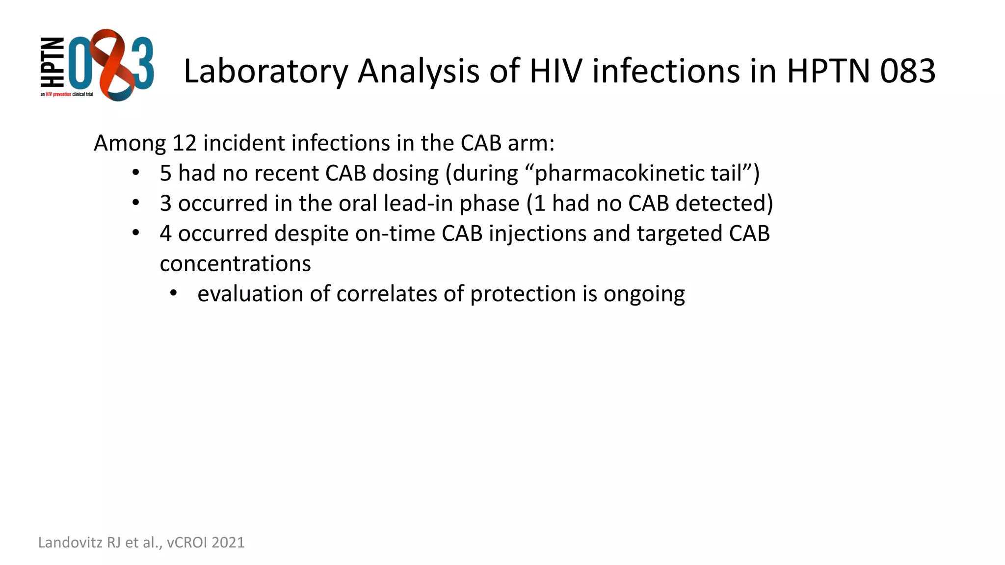 Laboratory Analysis of HIV infections in HPTN 083
Landovitz RJ et al., vCROI 2021
Among 12 incident infections in the CAB arm:
• 5 had no recent CAB dosing (during “pharmacokinetic tail”)
• 3 occurred in the oral lead-in phase (1 had no CAB detected)
• 4 occurred despite on-time CAB injections and targeted CAB
concentrations
• evaluation of correlates of protection is ongoing
 