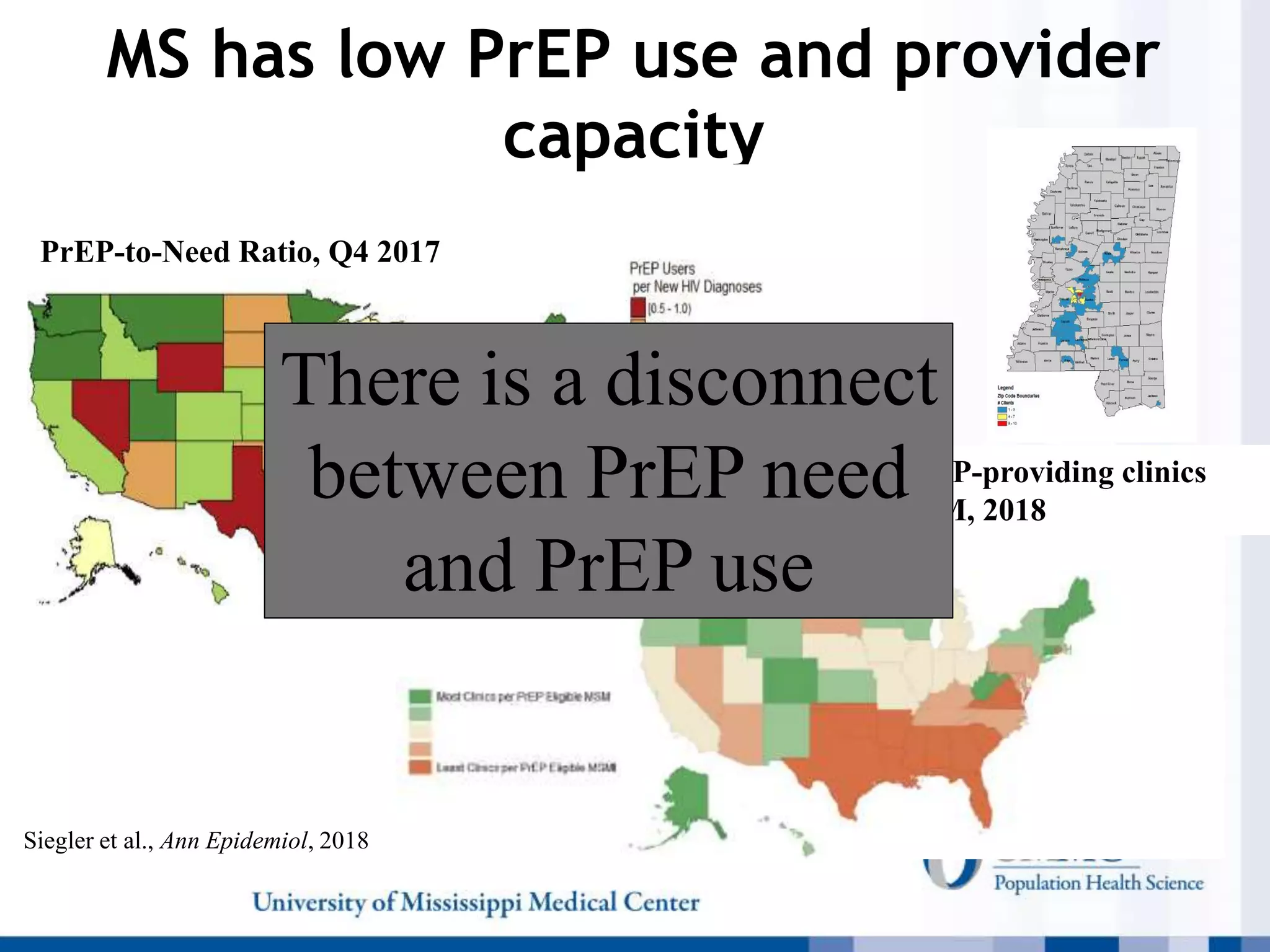 MS has low PrEP use and provider
capacity
Siegler et al., Ann Epidemiol, 2018
PrEP-to-Need Ratio, Q4 2017
The proportion of PrEP-providing clinics
per PrEP-eligible MSM, 2018
There is a disconnect
between PrEP need
and PrEP use
 