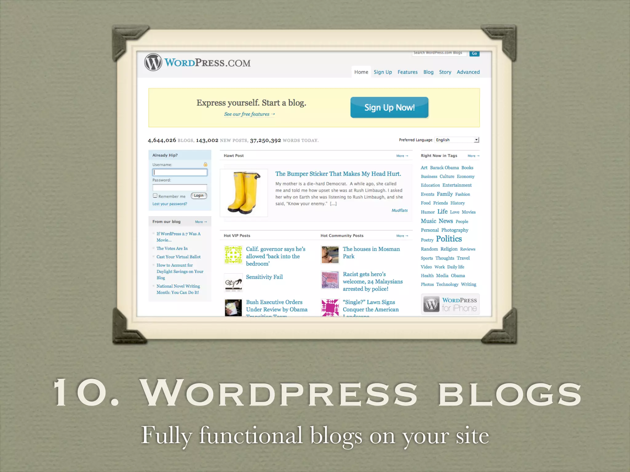 10. Wordpress blogs
   Fully functional blogs on your site
 