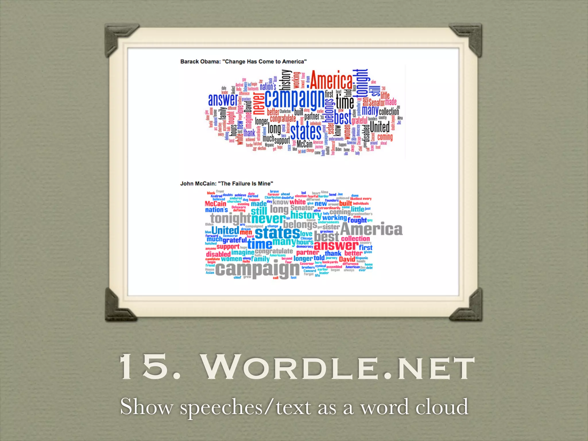 15. Wordle.net
Show speeches/text as a word cloud
 