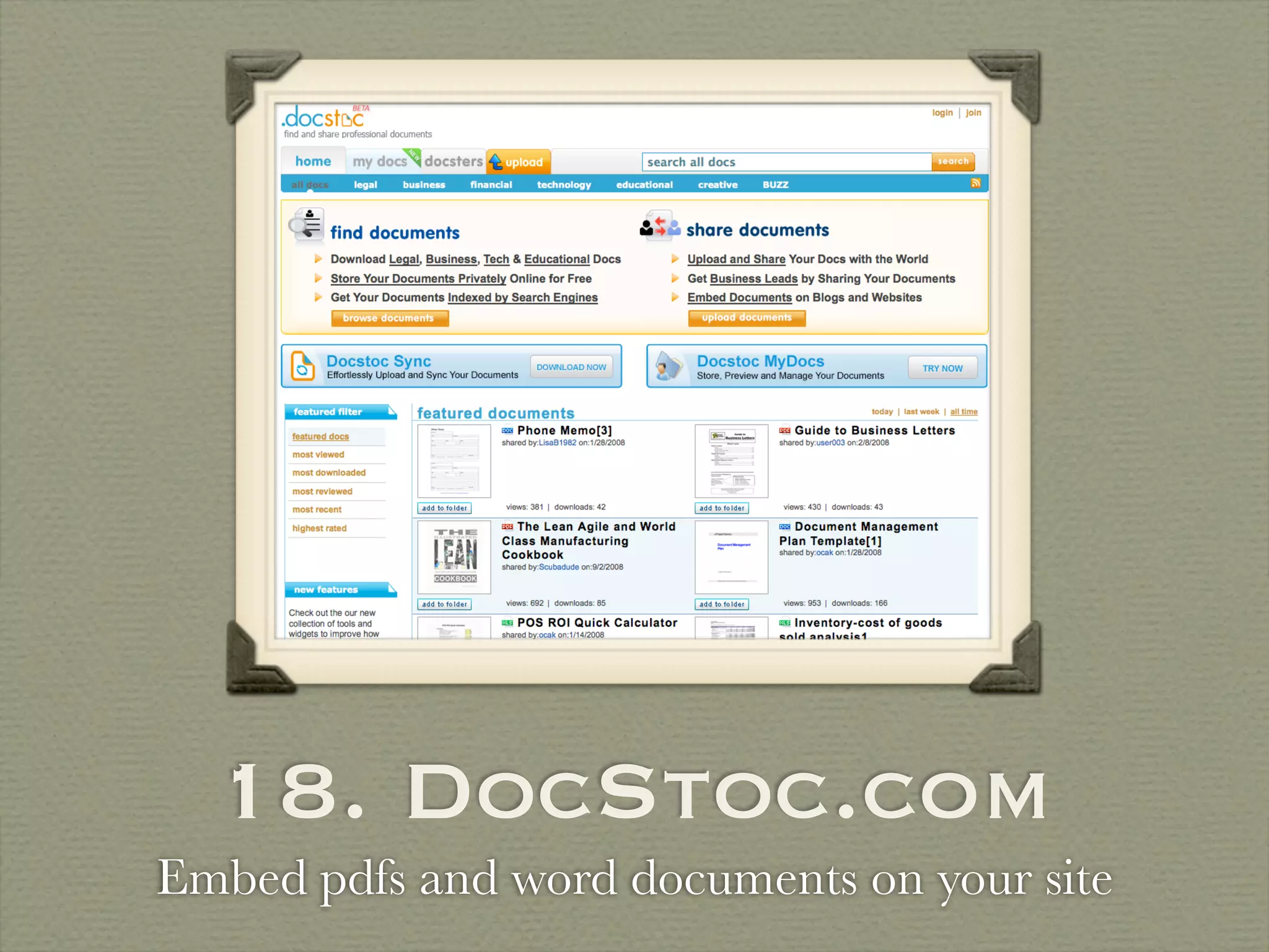 18. DocStoc.com
Embed pdfs and word documents on your site
 