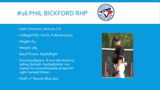 #16 PHIL BICKFORD RHP
 Oaks Christian, Ventura, CA
 College/YOG: Cal St. Fullerton/2013
 Height: 6’4
 Weight: 185

 Bats/Throws: Right/Right
 Scouting Report: ¾ arm slot leads to
tailing fastball. Fastball/slider mix
makes for uncomfortable at bats for
right-handed hitters
 Draft: 1st Round, Blue Jays

 