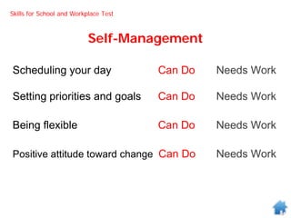 Self-Management
Scheduling your day Can Do Needs Work
Setting priorities and goals Can Do Needs Work
Being flexible Can Do Needs Work
Positive attitude toward change Can Do Needs Work
Skills for School and Workplace Test
 