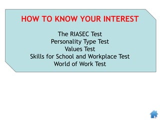 HOW TO KNOW YOUR INTEREST
The RIASEC Test
Personality Type Test
Values Test
Skills for School and Workplace Test
World of Work Test
 
