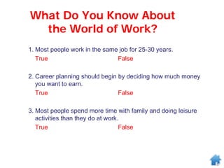 What Do You Know About
the World of Work?
1. Most people work in the same job for 25-30 years.
True False
2. Career planning should begin by deciding how much money
you want to earn.
True False
3. Most people spend more time with family and doing leisure
activities than they do at work.
True False
 
