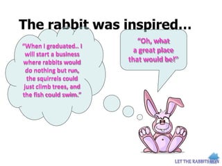 The rabbit was inspired…
“When I graduated.. I
will start a business
where rabbits would
do nothing but run,
the squirrels could
just climb trees, and
the fish could swim.”
“Oh, what
a great place
that would be!”
 