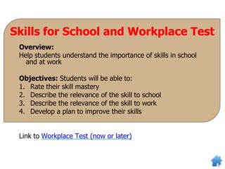Skills for School and Workplace Test
Overview:
Help students understand the importance of skills in school
and at work
Objectives: Students will be able to:
1. Rate their skill mastery
2. Describe the relevance of the skill to school
3. Describe the relevance of the skill to work
4. Develop a plan to improve their skills
Link to Workplace Test (now or later)
 