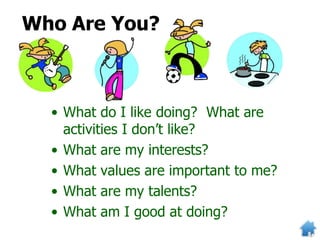 Who Are You?
• What do I like doing? What are
activities I don’t like?
• What are my interests?
• What values are important to me?
• What are my talents?
• What am I good at doing?
 