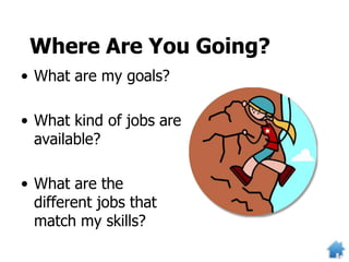 Where Are You Going?
• What are my goals?
• What kind of jobs are
available?
• What are the
different jobs that
match my skills?
 