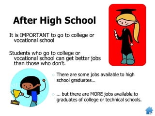 After High School
It is IMPORTANT to go to college or
vocational school
Students who go to college or
vocational school can get better jobs
than those who don’t.
 There are some jobs available to high
school graduates…
 … but there are MORE jobs available to
graduates of college or technical schools.
 