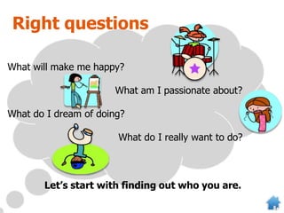 Right questions
What will make me happy?
What am I passionate about?
What do I dream of doing?
What do I really want to do?
Let’s start with finding out who you are.
 