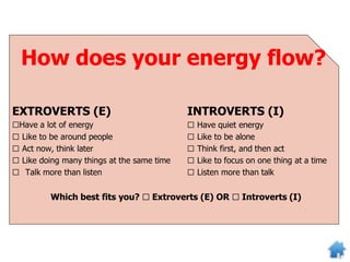 How does your energy flow?
EXTROVERTS (E)
□Have a lot of energy
□ Like to be around people
□ Act now, think later
□ Like doing many things at the same time
□ Talk more than listen
INTROVERTS (I)
□ Have quiet energy
□ Like to be alone
□ Think first, and then act
□ Like to focus on one thing at a time
□ Listen more than talk
Which best fits you? □ Extroverts (E) OR □ Introverts (I)
 