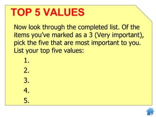 Now look through the completed list. Of the
items you’ve marked as a 3 (Very important),
pick the five that are most important to you.
List your top five values:
1.
2.
3.
4.
5.
TOP 5 VALUES
 