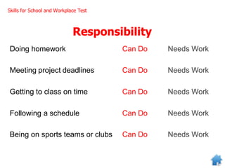 Responsibility
Doing homework Can Do Needs Work
Meeting project deadlines Can Do Needs Work
Getting to class on time Can Do Needs Work
Following a schedule Can Do Needs Work
Being on sports teams or clubs Can Do Needs Work
Skills for School and Workplace Test
 