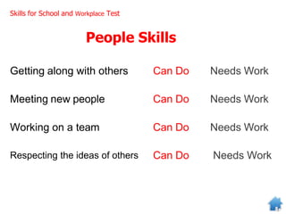 People Skills
Getting along with others Can Do Needs Work
Meeting new people Can Do Needs Work
Working on a team Can Do Needs Work
Respecting the ideas of others Can Do Needs Work
Skills for School and Workplace Test
 