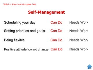Self-Management
Scheduling your day Can Do Needs Work
Setting priorities and goals Can Do Needs Work
Being flexible Can Do Needs Work
Positive attitude toward change Can Do Needs Work
Skills for School and Workplace Test
 