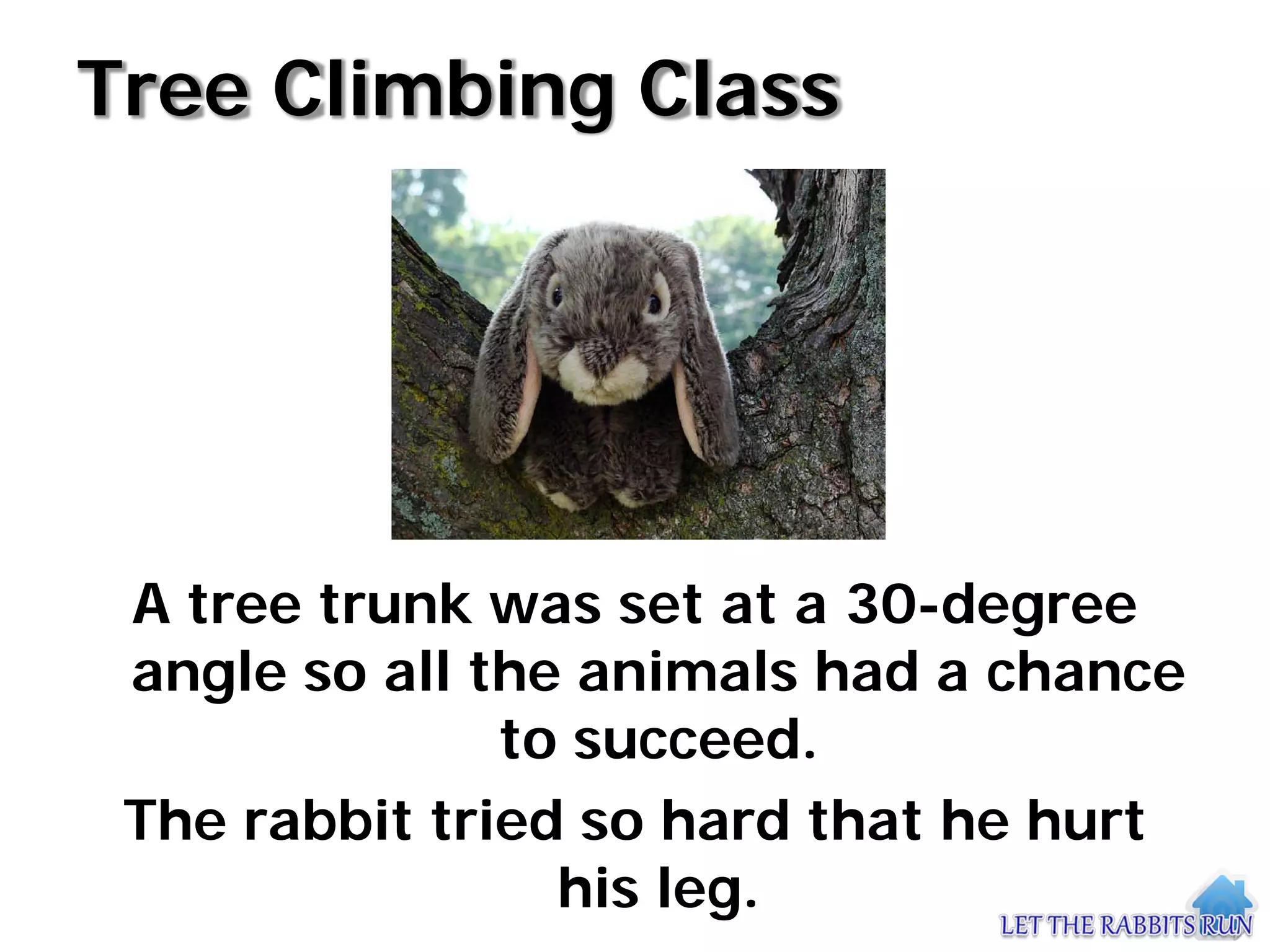 Tree Climbing Class




 A tree trunk was set at a 30-degree
 angle so all the animals had a chance
               to succeed.
 The rabbit tried so hard that he hurt
                 his leg.
 