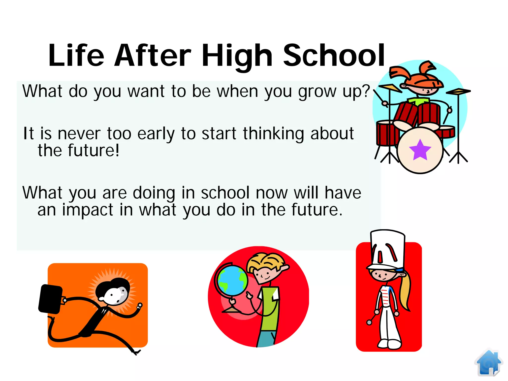 Life After High School
What do you want to be when you grow up?

It is never too early to start thinking about
  the future!

What you are doing in school now will have
 an impact in what you do in the future.
 