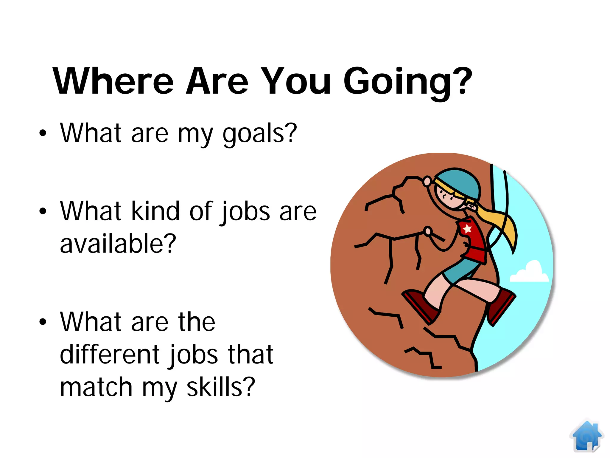 Where Are You Going?
• What are my goals?

• What kind of jobs are
  available?

• What are the
  different jobs that
  match my skills?
 