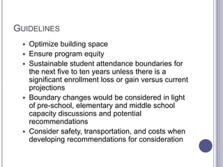GUIDELINES
 Optimize building space
 Ensure program equity
 Sustainable student attendance boundaries for
the next five to ten years unless there is a
significant enrollment loss or gain versus current
projections
 Boundary changes would be considered in light
of pre-school, elementary and middle school
capacity discussions and potential
recommendations
 Consider safety, transportation, and costs when
developing recommendations for consideration
 