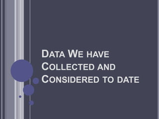 DATA WE HAVE
COLLECTED AND
CONSIDERED TO DATE
 