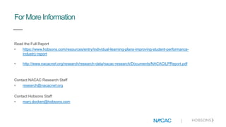 |
ForMore Information
Read the Full Report
• https://www.hobsons.com/resources/entry/individual-learning-plans-improving-student-performance-
industry-report
• http://www.nacacnet.org/research/research-data/nacac-research/Documents/NACACILPReport.pdf
Contact NACAC Research Staff
• research@nacacnet.org
Contact Hobsons Staff
• mary.docken@hobsons.com
 