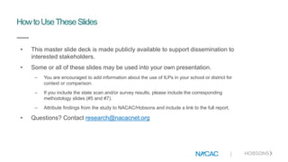 |
• This master slide deck is made publicly available to support dissemination to
interested stakeholders.
• Some or all of these slides may be used into your own presentation.
– You are encouraged to add information about the use of ILPs in your school or district for
context or comparison.
– If you include the state scan and/or survey results, please include the corresponding
methodology slides (#5 and #7).
– Attribute findings from the study to NACAC/Hobsons and include a link to the full report.
• Questions? Contact research@nacacnet.org
HowtoUseTheseSlides
 