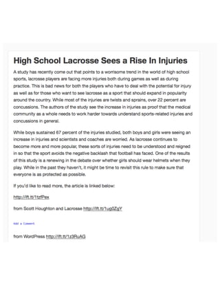 Increase in High School Lacrosse Injuries