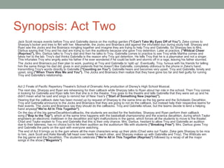 Synopsis: Act Two
Jack Scott recaps events before Troy and Gabriella dance on the rooftop garden ("I Can't Take My Eyes Off of You"). Zeke comes to
Sharpay's locker and tries to flirt with her. Meanwhile, the Jocks and Brainiacs plot against the infuriated duo during study hall. Sharpay and
Ryan see the Jocks and the Brainiacs mingling together and imagine they are trying to help Troy and Gabriella. So Sharpay lies to Mrs.
Darbus saying that Troy and his dad are trying to ruin the auditions because she gave Troy detention. Later at practice, ("Wildcat Cheer
(Reprise)"), Mrs. Darbus talks to Troy's dad and then he talks to Troy. Gabriella comes to practice to see Troy while Martha comes and
takes her to the lab. Troy's dad thinks Gabriella is the reason why Troy got detention. He tells Troy that he is a playmaker and not a singer.
This infuriates Troy who angrily asks his father if he ever wondered if he could be both and storms off in a rage, leaving his father stunned.
The Jocks and Brainiacs put their plan to work, pushing at Troy and Gabriella to 'split up'. Eventually, Troy, furious with his friends for telling
him the same things his dad did, gives in and pretends that he doesn't like Gabriella, completely oblivious to the phone in Zeke's hand,
transmitting Troy's words directly to Gabriella ("Counting on You"). Gabriella hears and becomes very upset. Troy and Gabriella, lonely and
upset, sing ("When There Was Me and You"). The Jocks and Brainiacs then realize that they have gone too far and feel guilty for ruining
Troy and Gabriella's relationship.
Act 2 Finale of Pacific Repertory Theatre's School of Dramatic Arts production of Disney's High School Musical.
The next day, Sharpay and Ryan are rehearsing for their callback while Sharpay talks to Ryan about her role in the school. Then Troy comes
in looking for Gabriella and Ryan tells him that she is in the theatre. Troy goes to the theatre and tells Gabriella that they were set up and he
didn't mean what he said and sings to remind her of New Year's ("Start of Something New (reprise)").
Hearing that the callback date has been moved up by request of Sharpay to the same time as the big game and the Scholastic Decathlon,
Troy and Gabriella announce to the Jocks and Brainiacs that they are going to not do the callback, but instead help their respective teams for
their events. The Jocks and Brainiacs say they should do the callbacks. Troy and Gabriella refuse, but the teams decide to lend a helping
hand anyway("We're All In This Together").
On the day of the big game/Decathlon/callbacks, the students are excited for the festivities. Sharpay and Ryan perform their callback
song ("Bop to the Top"), which at the same time happens with the basketball championship and the science decathlon, during which Taylor
engineers an electronic meltdown in the decathlon and light malfunctions in the game, which forces all the students to move to the theater.
Chad and Taylor explain to Troy and Gabriella that this is their only chance. Mrs. Darbus, hesitant to allow Troy and Gabriella an audition
due to their lateness, has no choice but to let them audition as the auditorium fills with students ("Breaking Free"). Mrs. Darbus gives Troy
and Gabriella the parts on the spot with everyone watching.
The end of Act II brings us to the gym where all the main characters wrap up their plots (Chad asks out Taylor, Zeke gets Sharpay to be nice
to him, Jack Scott and Kelsi literally fall head over heels for each other, and Sharpay makes up with Gabriella and Troy). The Wildcats win
the big game and the Decathlon. The students celebrate ("We're All in This Together (Reprise)") followed by a recap of all the major
songs in the show ("Megamix")
 