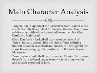 
 Troy Bolton - Captain of the Basketball team, Father is the
coach. Secretly has a talent for musical theatre. Has a close
relationship with fellow basketball team member Chad
Danforth. Main Lead.
 Chad Danforth - Basketball team member, friend of
Troy's. Initially doesn’t like the idea of Troy splitting
himself between basketball and musicals. Throughout the
show has a emerging relationship with Brainiac Taylor
McKessie.
 Zeke Baylor - Basketball team member. Passion for baking
doesn’t want to break away from what he is known for
and what is expected of him.
Main Character Analysis
 