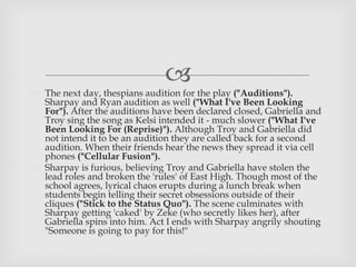 
 The next day, thespians audition for the play ("Auditions").
Sharpay and Ryan audition as well ("What I've Been Looking
For"). After the auditions have been declared closed, Gabriella and
Troy sing the song as Kelsi intended it - much slower ("What I've
Been Looking For (Reprise)"). Although Troy and Gabriella did
not intend it to be an audition they are called back for a second
audition. When their friends hear the news they spread it via cell
phones ("Cellular Fusion").
 Sharpay is furious, believing Troy and Gabriella have stolen the
lead roles and broken the 'rules' of East High. Though most of the
school agrees, lyrical chaos erupts during a lunch break when
students begin telling their secret obsessions outside of their
cliques ("Stick to the Status Quo"). The scene culminates with
Sharpay getting 'caked' by Zeke (who secretly likes her), after
Gabriella spins into him. Act I ends with Sharpay angrily shouting
"Someone is going to pay for this!"
 