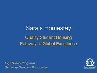 Sara‘s Homestay
Quality Student Housing
Pathway to Global Excellence
High School Progroam
Summary Overview Presentation
1
 