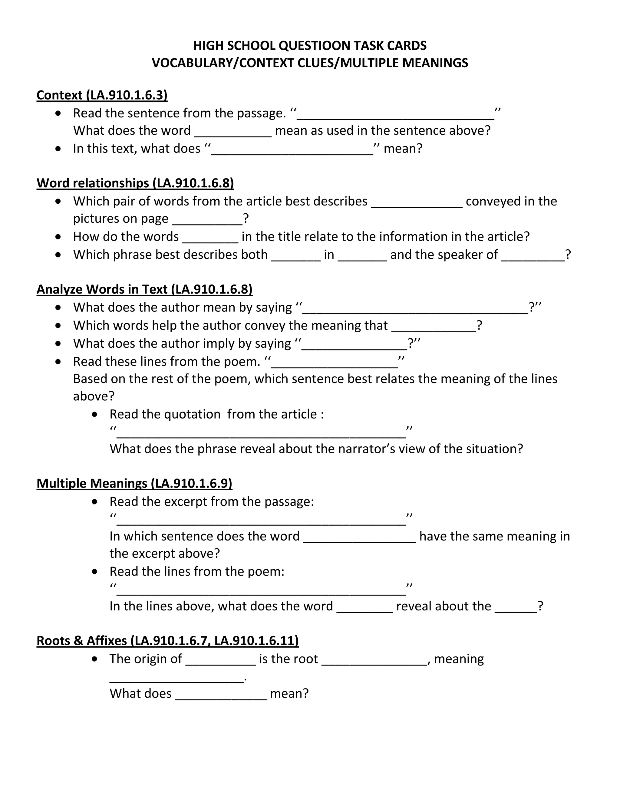 High school question task cards big | DOCX