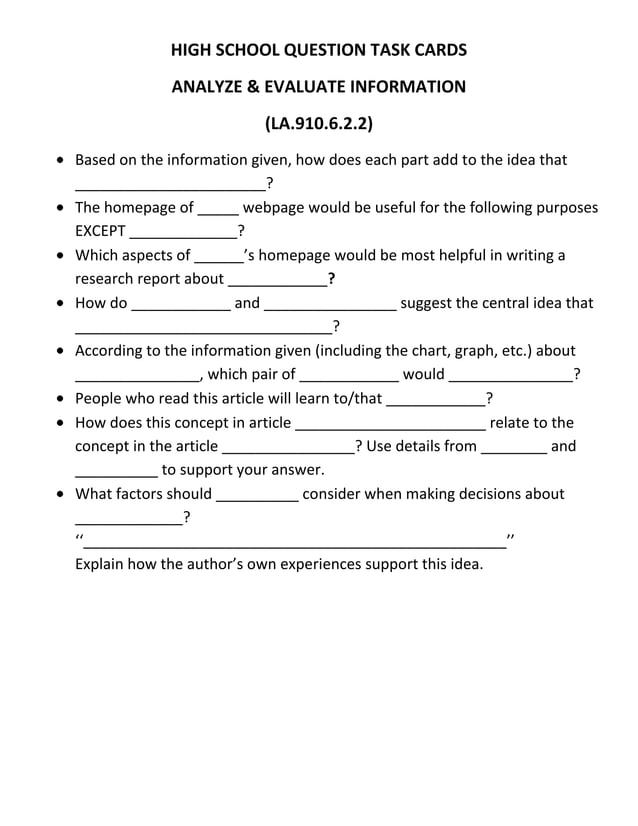 High school question task cards big