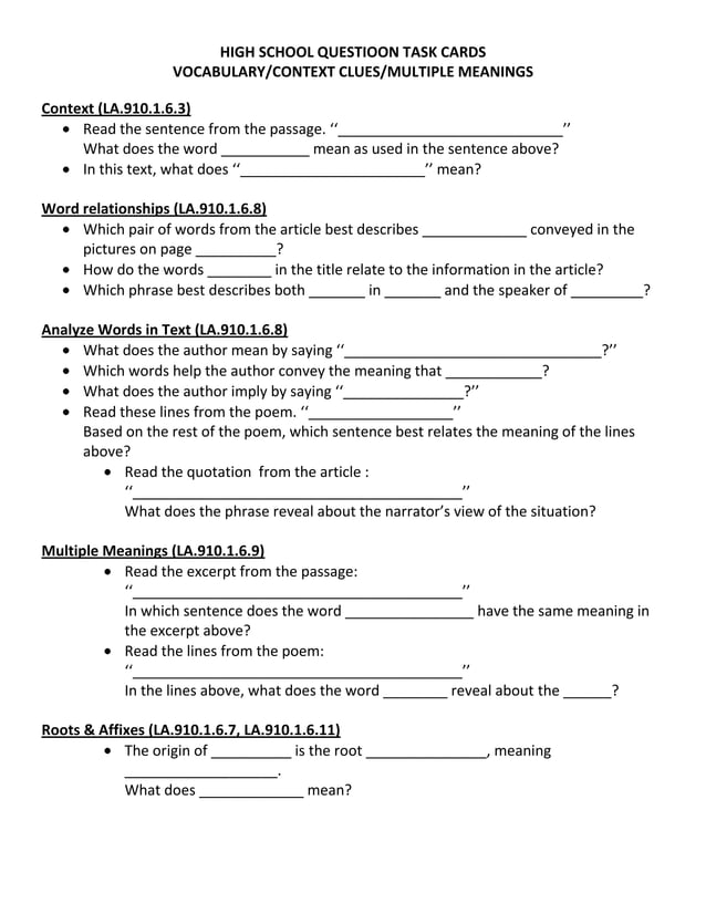 High school question task cards big