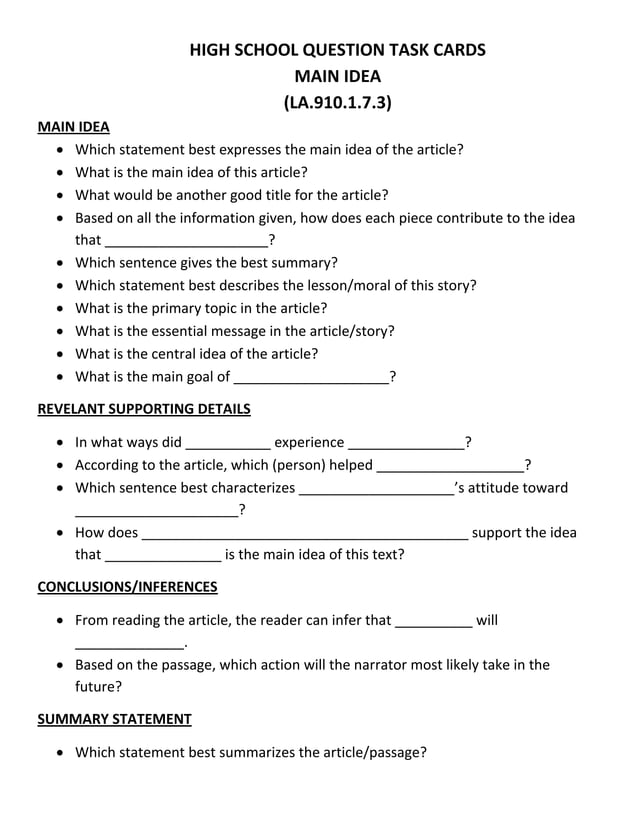 High school question task cards big