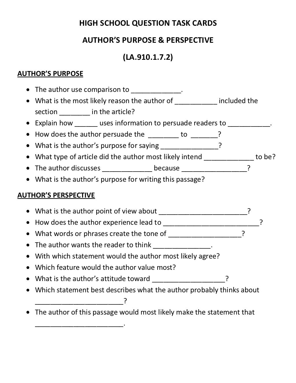 High school question task cards big