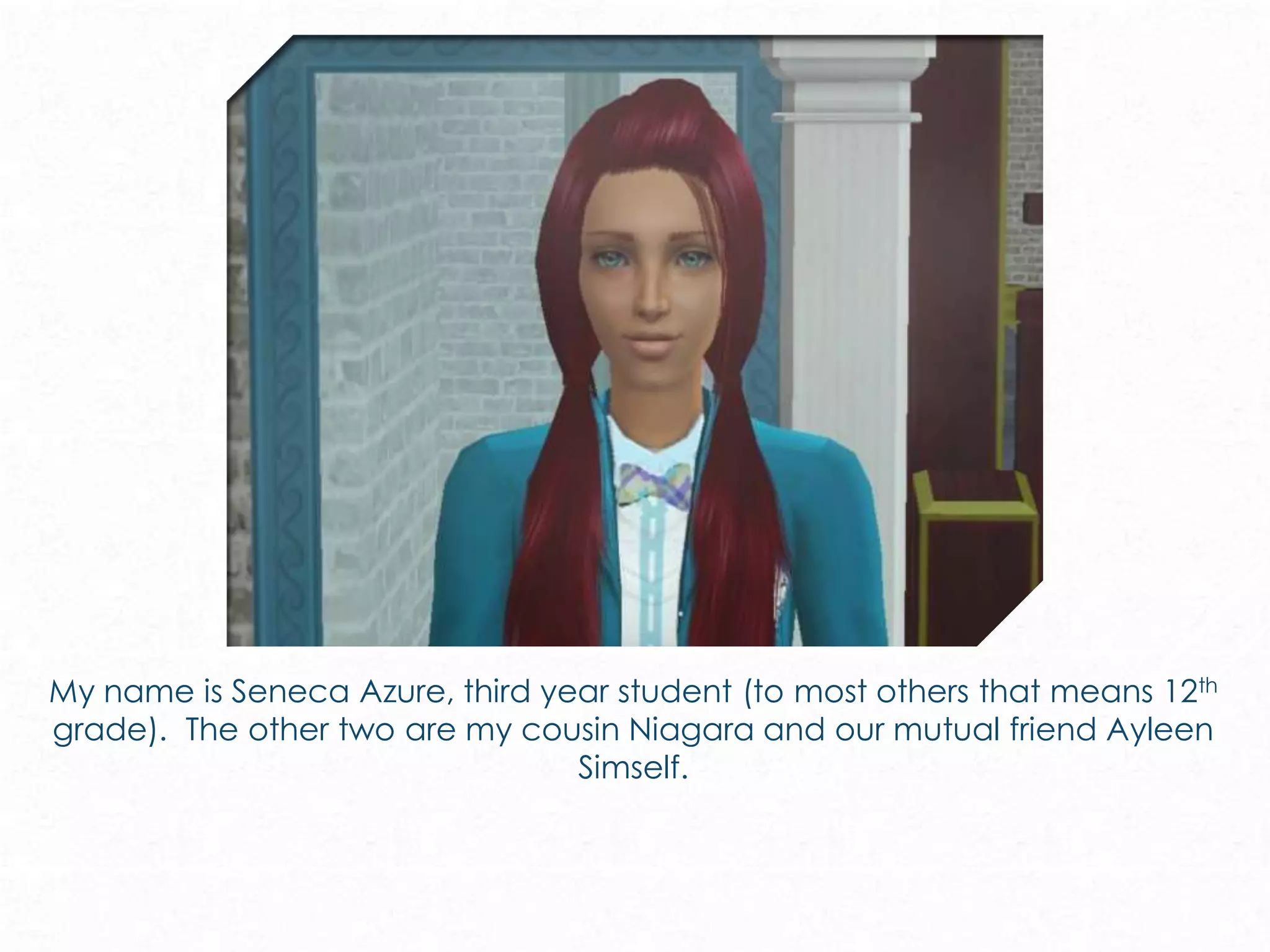 My name is Seneca Azure, third year student (to most others that means 12th
grade). The other two are my cousin Niagara and our mutual friend Ayleen
Simself.
 