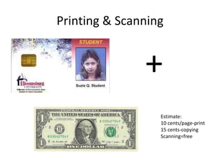 Printing & Scanning
+
Estimate:
10 cents/page-print
15 cents-copying
Scanning=free
 