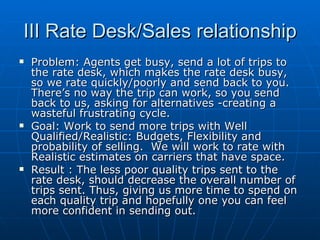 III Rate Desk/Sales relationship Problem: Agents get busy, send a lot of trips to the rate desk, which makes the rate desk busy, so we rate quickly/poorly and send back to you. There’s no way the trip can work, so you send back to us, asking for alternatives -creating a wasteful frustrating cycle. Goal: Work to send more trips with Well Qualified/Realistic: Budgets, Flexibility and probability of selling.  We will work to rate with Realistic estimates on carriers that have space. Result : The less poor quality trips sent to the rate desk, should decrease the overall number of trips sent. Thus, giving us more time to spend on each quality trip and hopefully one you can feel more confident in sending out. 