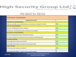 Risk Assessment 0210/2008 High Security group Ltd Bringing Physical & Electronic Security Together PD 6662 En 50131 SYSTEM DESIGN - RISK ASSESSMENT PREMISES ACTIVITIES CONTENTS OF HOME/BUSINESS Q Do you consider your home/business to be classed as a target for thieves? YES TYPE OF STOCK/PROPERTY Q Is your stock/property easy to dispose? YES Q Does your stock/property pose an attraction to a burglar? YES BULK/SIZE OF STOCK/PROPERTY Q Is the stock/property easy to Remove/Transport? YES Q Is there easy Access to premises (to aid removal of stock/property)? NO STORAGE/CONTROL Q Are High Value Goods quarantined? YES Q Are High Value Goods restricted to certain personnel? YES THEFT HISTORY Q Have you been broken into before? YES   1 SYSTEM DESIGN GRADE - based on risk assessment above 2 