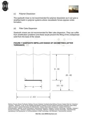 (c)

Polymer Dissolution

The sawtooth mixer is not recommended for polymer dissolution as it can give a
stratified batch in polymer systems where viscoelastic forces oppose vortex
formation.

(d)

Filter Cake Dispersion

Sawtooth mixers are not recommended for filter cake dispersion. They can suffer
from stratification problems and these would prevent the lifting of the undispersed
solid from the base of the vessel.

FIGURE 7 SAWTOOTH IMPELLER RANGE OF GEOMETRIES (AFTER
TORRANCE)

Refinery Process Stream Purification Refinery Process Catalysts Troubleshooting Refinery Process Catalyst Start-Up / Shutdown
Activation Reduction In-situ Ex-situ Sulfiding Specializing in Refinery Process Catalyst Performance Evaluation Heat & Mass
Balance Analysis Catalyst Remaining Life Determination Catalyst Deactivation Assessment Catalyst Performance
Characterization Refining & Gas Processing & Petrochemical Industries Catalysts / Process Technology - Hydrogen Catalysts /
Process Technology – Ammonia Catalyst Process Technology - Methanol Catalysts / process Technology – Petrochemicals
Specializing in the Development & Commercialization of New Technology in the Refining & Petrochemical Industries
Web Site: www.GBHEnterprises.com

 