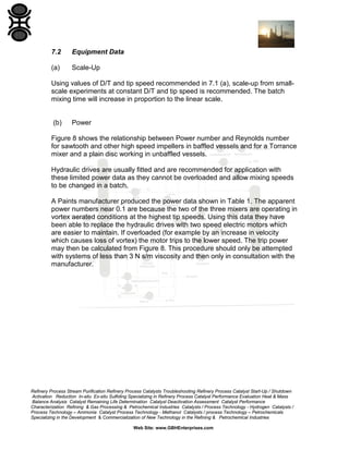 7.2

Equipment Data

(a)

Scale-Up

Using values of D/T and tip speed recommended in 7.1 (a), scale-up from smallscale experiments at constant D/T and tip speed is recommended. The batch
mixing time will increase in proportion to the linear scale.

(b)

Power

Figure 8 shows the relationship between Power number and Reynolds number
for sawtooth and other high speed impellers in baffled vessels and for a Torrance
mixer and a plain disc working in unbaffled vessels.
Hydraulic drives are usually fitted and are recommended for application with
these limited power data as they cannot be overloaded and allow mixing speeds
to be changed in a batch.
A Paints manufacturer produced the power data shown in Table 1. The apparent
power numbers near 0.1 are because the two of the three mixers are operating in
vortex aerated conditions at the highest tip speeds. Using this data they have
been able to replace the hydraulic drives with two speed electric motors which
are easier to maintain. If overloaded (for example by an increase in velocity
which causes loss of vortex) the motor trips to the lower speed. The trip power
may then be calculated from Figure 8. This procedure should only be attempted
with systems of less than 3 N s/m viscosity and then only in consultation with the
manufacturer.

Refinery Process Stream Purification Refinery Process Catalysts Troubleshooting Refinery Process Catalyst Start-Up / Shutdown
Activation Reduction In-situ Ex-situ Sulfiding Specializing in Refinery Process Catalyst Performance Evaluation Heat & Mass
Balance Analysis Catalyst Remaining Life Determination Catalyst Deactivation Assessment Catalyst Performance
Characterization Refining & Gas Processing & Petrochemical Industries Catalysts / Process Technology - Hydrogen Catalysts /
Process Technology – Ammonia Catalyst Process Technology - Methanol Catalysts / process Technology – Petrochemicals
Specializing in the Development & Commercialization of New Technology in the Refining & Petrochemical Industries
Web Site: www.GBHEnterprises.com

 