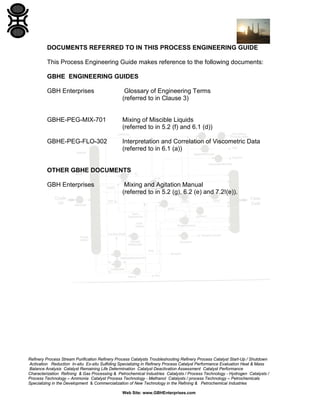 DOCUMENTS REFERRED TO IN THIS PROCESS ENGINEERING GUIDE
This Process Engineering Guide makes reference to the following documents:
GBHE ENGINEERING GUIDES
GBH Enterprises

Glossary of Engineering Terms
(referred to in Clause 3)

GBHE-PEG-MIX-701

Mixing of Miscible Liquids
(referred to in 5.2 (f) and 6.1 (d))

GBHE-PEG-FLO-302

Interpretation and Correlation of Viscometric Data
(referred to in 6.1 (a))

OTHER GBHE DOCUMENTS
GBH Enterprises

Mixing and Agitation Manual
(referred to in 5.2 (g), 6.2 (e) and 7.2!(e)).

Refinery Process Stream Purification Refinery Process Catalysts Troubleshooting Refinery Process Catalyst Start-Up / Shutdown
Activation Reduction In-situ Ex-situ Sulfiding Specializing in Refinery Process Catalyst Performance Evaluation Heat & Mass
Balance Analysis Catalyst Remaining Life Determination Catalyst Deactivation Assessment Catalyst Performance
Characterization Refining & Gas Processing & Petrochemical Industries Catalysts / Process Technology - Hydrogen Catalysts /
Process Technology – Ammonia Catalyst Process Technology - Methanol Catalysts / process Technology – Petrochemicals
Specializing in the Development & Commercialization of New Technology in the Refining & Petrochemical Industries
Web Site: www.GBHEnterprises.com

 
