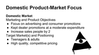 Domestic Product-Market Focus
Domestic Market
Marketing and Product Objectives
● Focus on advertising and consumer promotions
● Kept dealer promotions at a moderate expenditure
● Increase sales people by 2
Target Market(s) and Positioning
● Teenagers & adults
● High quality, competitive pricing
 