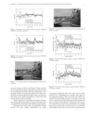 SAMBE et al.: HIGH-SPEED DISTRIBUTED VIDEO TRANSCODING FOR MULTIPLE RATES AND FORMATS
                                                                                                                                                                              5


          42

          32

      )
          22
      B
      d
      (
      R   12
      N
      S
      P
          02                                                  detnemges oN
                                                          detnemges ylpmiS
          91                                               deppalrevo POG1
                                   tnemtsujda laitini htiw deppalrevo POG1
          81
               55   06   56   07    58 08 57            09        59        501 001
                                    rebmuN emarF

Fig. 9 Transcoded video quality around cut-point: MPEG-2                              Fig. 12 An example frame of the proposed transcoding method
of 2Mbit/s, mobile & calendar                                                         (c) at cut-point



          43                                                                                     21
                                                                                                                                                         detnemges oN
                                                                                               )4                                                    detnemgeS ylpmiS
                                                                                                                                                     detnemgeS ylpmiS
                                                                                            01 0
                                                                                               1                                                      deppalrevo POG1
                                                                                                                                                      deppalrevo POG1
          23                                                                                   x                              tnemtsujda laitini htiw deppalrevo POG1
                                                                                               (
      )
      B                                                                                     8 o
                                                                                               y
                                                                                               r
      d
      (
      R   03
                                                                                              me
                                                                                            6M
      N
      S
      P                                                                                        r
                                                                                               e
                                                                                               f
                                                                                               f
          82                                                    detnemges oN                   u
                                                            detnemges ylpmiS                4 Bl
                                                             deppalrevo POG1                   a
                                                                                               u
                                     tnemtsujda laitini htiw deppalrevo POG1
                                                                                               t
                                                                                               r
                                                                                               i
            62                                                                              2V
          55        06   56       08 57 07         58        09        59     001                                                  tnemgeS dn2
                               rebmuN emarF                                                      0
                                                                                                      54    05   55    06         56        07        57    08    58    09
Fig. 10 Transcoded video quality around cut-point: MPEG-4                                                                   rebmuN emarF
of 750Kbit/s, sailboat
                                                                                      Fig. 13 Virtual buﬀer memory around cut-point: MPEG-4 of
                                                                                      1Mbit/s, sailboat


                                                                                                                                                         detnemges oN
                                                                                                  62                                                 detnemgeS ylpmiS
                                                                                                                                                     detnemgeS ylpmiS
                                                                                                                                                      deppalrevo POG1
                                                                                                                                                      deppalrevo POG1
                                                                                                                              tnemtsujda laitini htiw deppalrevo POG1
                                                                                                  52
                                                                                             )
                                                                                             B
                                                                                             d
                                                                                             (
                                                                                             R
                                                                                             N
                                                                                                  42
                                                                                             S
                                                                                             P


                                                                                                  32


Fig. 11 An example frame of simply segmented method (a) at                                        22
cut-point                                                                                              55   06   56   07     57        08        58    09    59   001   501
                                                                                                                            rebmuN emarF
                                                                                      Fig. 14 Transcoded video quality around cut-point: MPEG-4
tures are shown in Fig.11 and Fig.12. These pictures                                  of 1Mbit/s, sailboat
are the frame 60 of simply segmented method and that
of the proposed method in Fig.10, respectively. The
proposed method is especially eﬃcient for video hav-                                  transcoding conditions, there are some cases in which
ing little movement like this sailboat video, because the                             method (b) ’s degradation are smaller than those of
even short time quality degradation as Fig.11 for this                                the proposed method. This is because the initial esti-
kind of video is very noticeable.                                                     mation of virtual buﬀer memory dn doesn’t work well
     Table 2 shows the comparison of quality degrada-                                 due to saturation of quantization scale Q estimated for
tion during 30 frames after cut-point (the frame 60),                                 that of output video segment. When this case occurs,
compared with transcoded video without segmentation.                                  the estimated size of previous coded frames are smaller
     Although the results show the proposed method                                    than that of actual size, and then the dn is estimated
achieve the least quality degradation for many                                        much higher than that of video without segmentation.
 