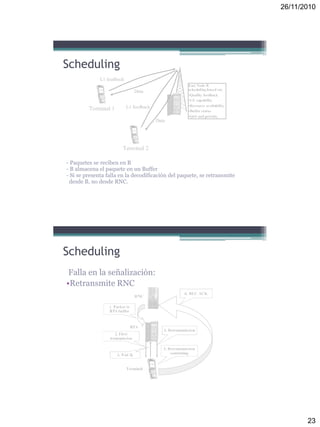 26/11/2010
23
Scheduling
- Paquetes se reciben en B
- B almacena el paquete en un Buffer
- Si se presenta falla en la decodificación del paquete, se retransmite
desde B, no desde RNC.
Scheduling
Falla en la señalización:
•Retransmite RNC
 