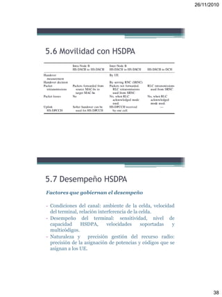 26/11/2010
38
5.6 Movilidad con HSDPA
Factores que gobiernan el desempeño
- Condiciones del canal: ambiente de la celda, velocidad
del terminal, relación interferencia de la celda.
- Desempeño del terminal: sensitividad, nivel de
capacidad HSDPA, velocidades soportadas y
multicódigos.
- Naturaleza y precisión gestión del recurso radio:
precisión de la asignación de potencias y códigos que se
asignan a los UE.
5.7 Desempeño HSDPA
 