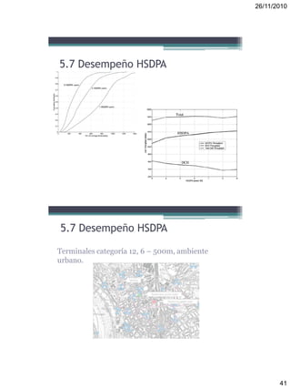26/11/2010
41
5.7 Desempeño HSDPA
5.7 Desempeño HSDPA
Terminales categoría 12, 6 – 500m, ambiente
urbano.
 
